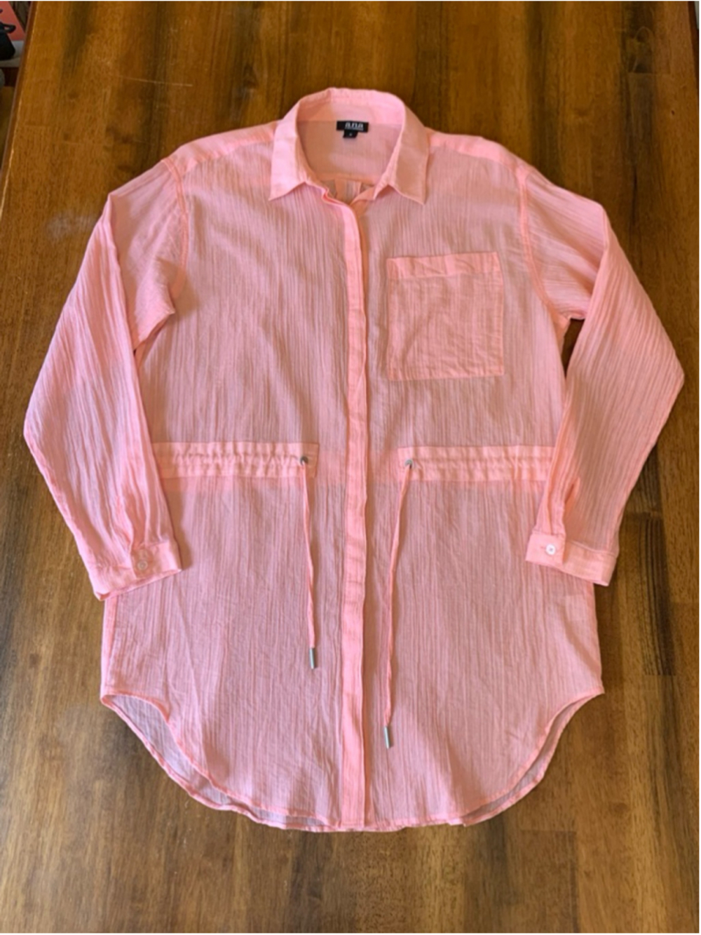 ANA Top Tunic Jacket Medium Salmon Pink with White Thin pinstripes Tie Waist
